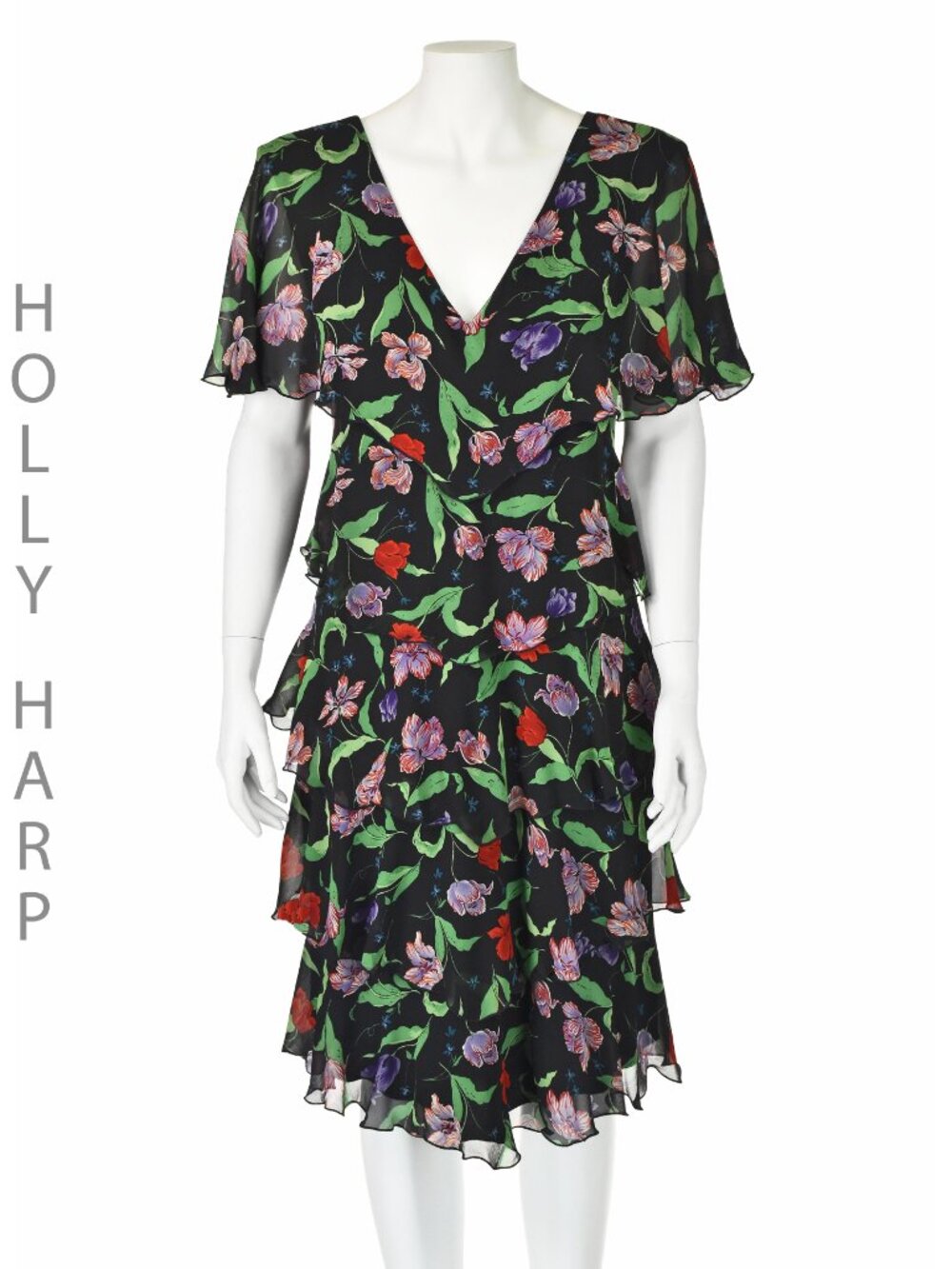 HOLLY'S HARP Black Floral Silk Chiffon Tiered Ruffle Dress, c. 1970s, SZ 8-10